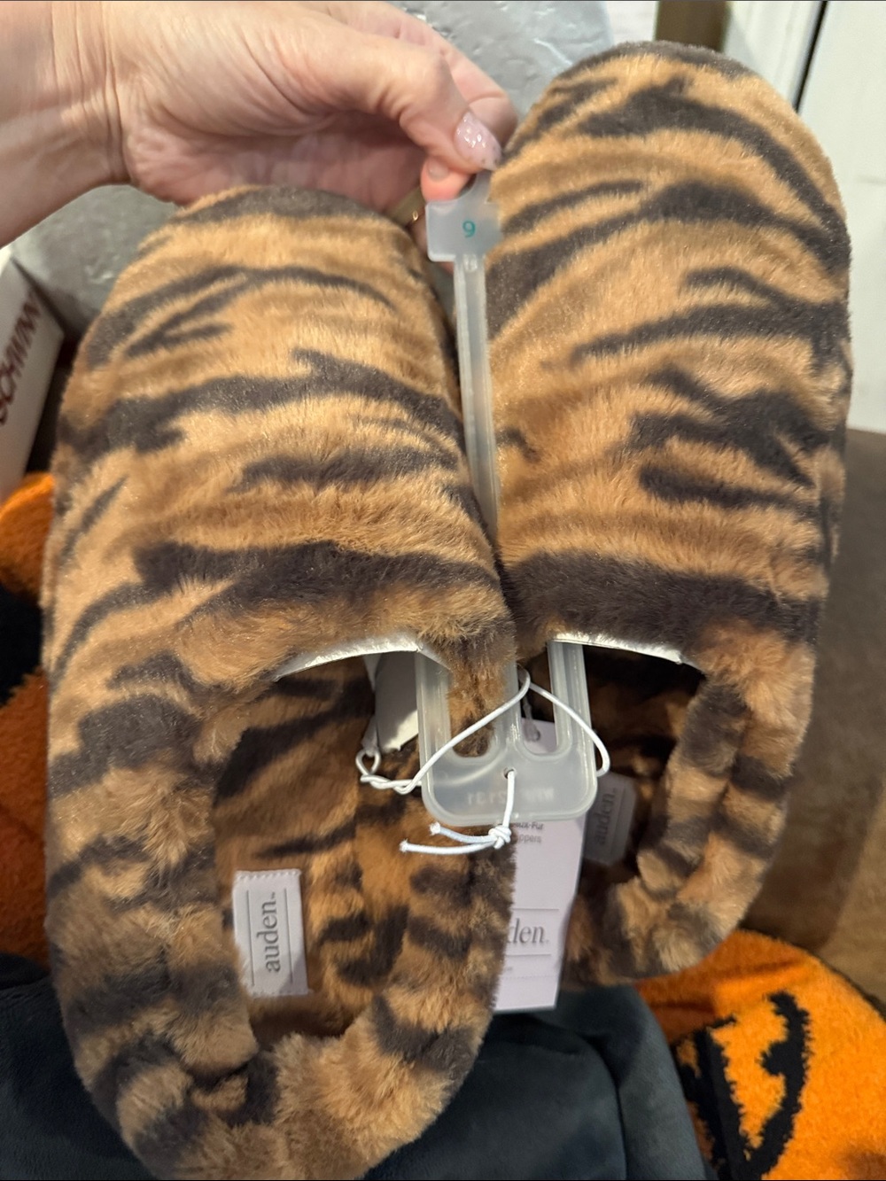 Auden Faux Fur Tiger-Print Kids Slippers in Brown and Black